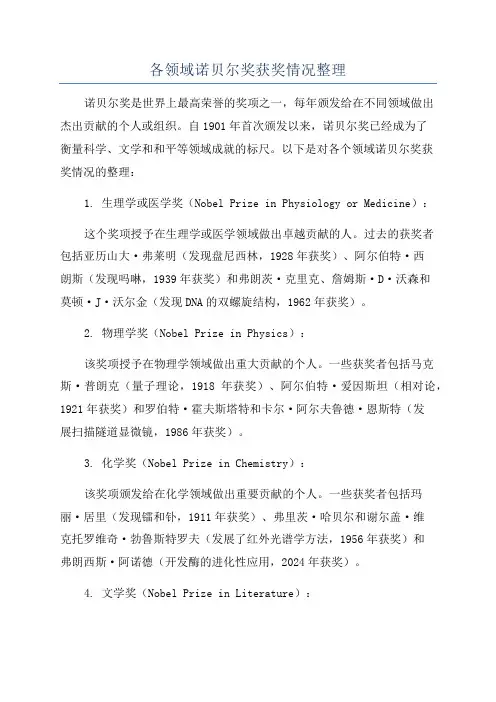 各领域诺贝尔奖获奖情况整理