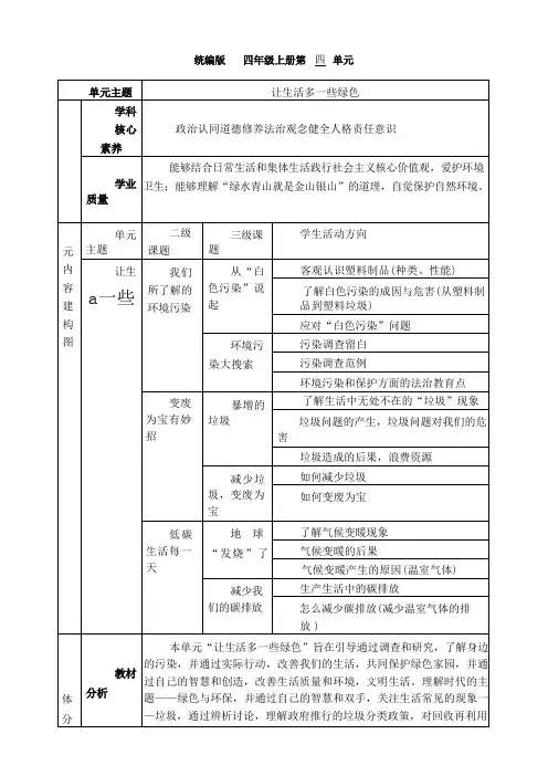 【大单元整体教学设计】统编版道德与法治四年级上册第四单元 单元整体设计 