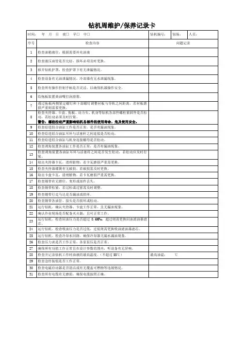 钻机周维护保养记录卡