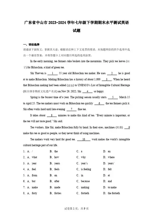 广东省中山市2023-2024学年七年级下学期期末水平测试英语试题
