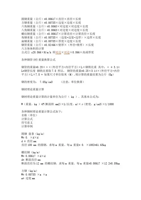 圆钢重量公式和圆钢理论重量表大全