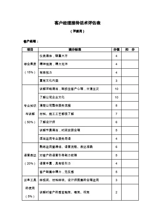 客户经理接待话术评分表