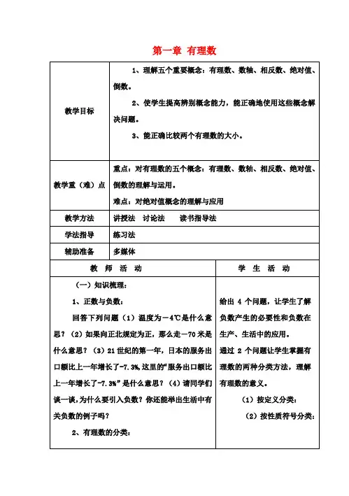 七年级数学上册 第一章 有理数复习教案1 (新版)新人教版