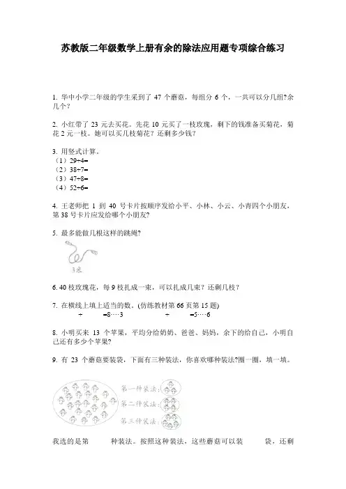 苏教版二年级数学上册有余的除法应用题专项综合练习