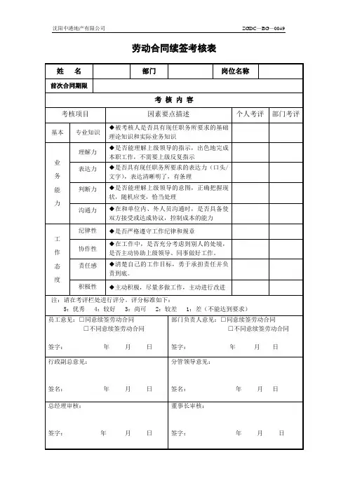 劳动合同续签考核表(定稿)