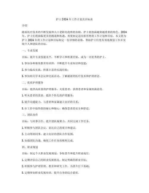 护士2024年工作计划及目标表