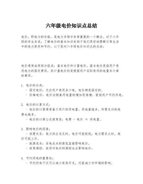 六年级电价知识点总结