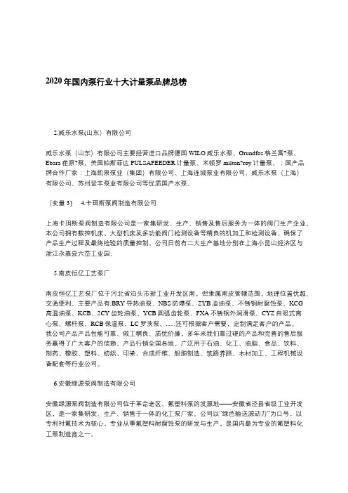 2020年国内泵行业十大计量泵品牌总榜