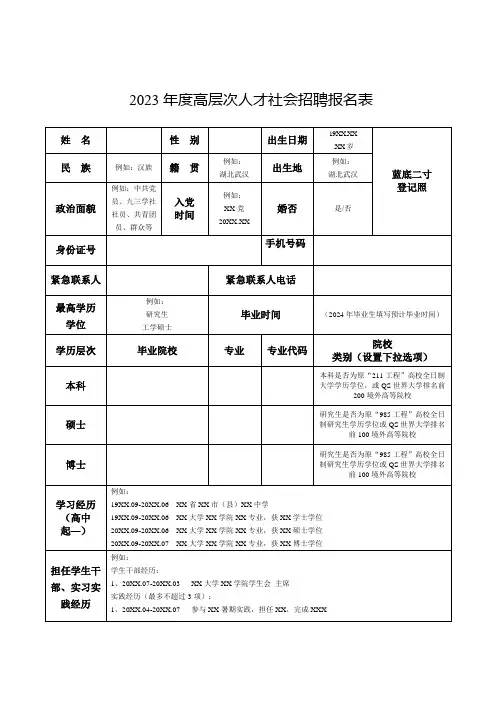 2023年度高层次人才社会招聘报名表