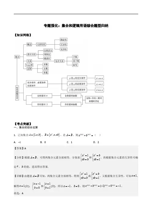 初升高数学暑假衔接(人教版)高一预习专题强化：集合和逻辑用语综合题型归纳(教师版)