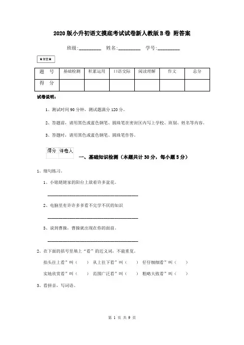 2020版小升初语文摸底考试试卷新人教版B卷 附答案