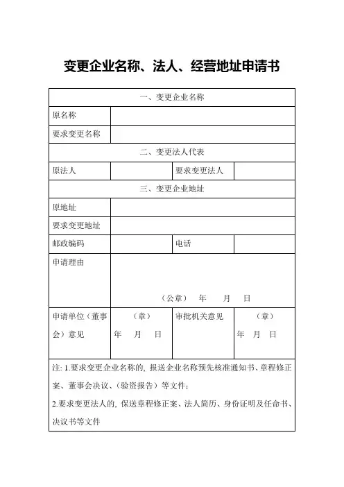 变更企业名称、法人、经营地址申请书