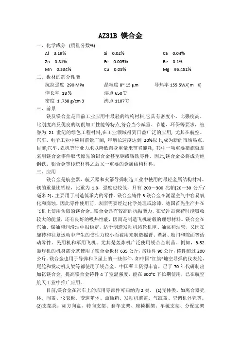 AZ31B 镁合金化学成分