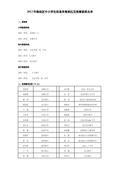 2013年中小学生信息学奥林匹克竞赛获奖名单(2013-10-25)