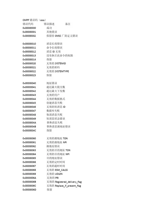 CMPP错误代码表
