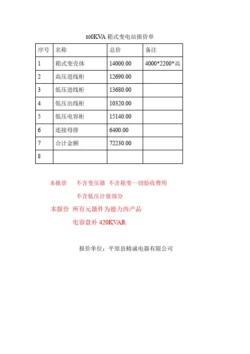 630KVA箱式变电站报价单