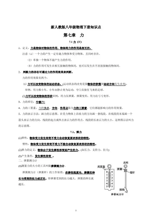 人教版初二八年级下册物理知识点全汇总
