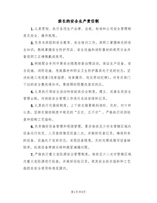 班长的安全生产责任制(六篇)