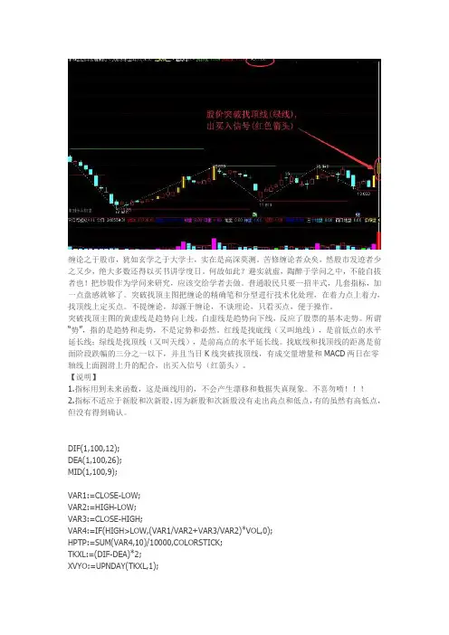 突破找顶买入主图 通达信指标公式源码