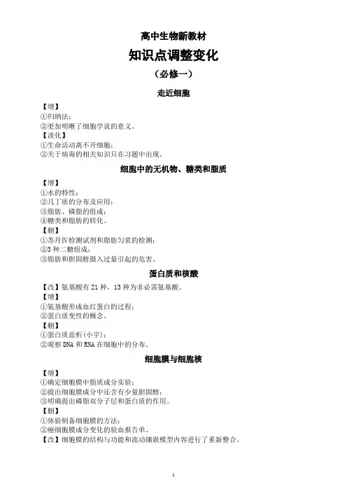 高中生物人教新教材知识点调整变化汇总(必修一二+选必一二三)