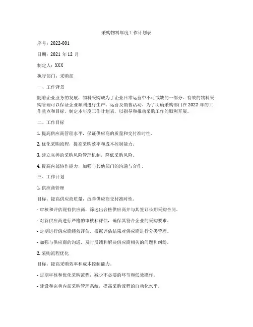 采购物料年度工作计划表