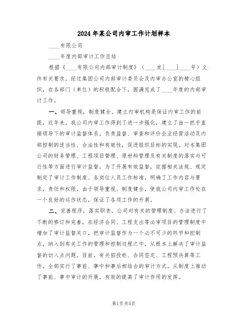 2024年某公司内审工作计划样本（二篇）