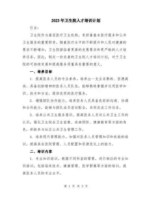 2023年卫生院人才培训计划