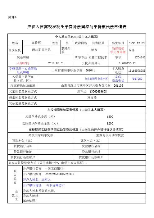 应征入伍高校在校生学费补偿国家助学贷款代偿申请表