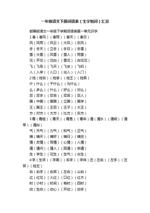 一年级语文下册词语表（生字组词）汇总