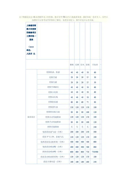 雪佛兰4S店的配件及工时价格