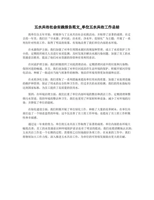 五水共治社会实践报告范文_单位五水共治工作总结