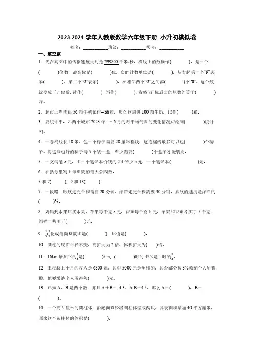2023-2024学年人教版数学六年级下册 小升初模拟卷(含答案)