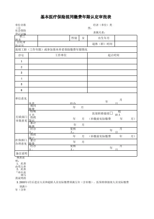 基本医疗保险视同缴费年限认定审批表(2014年)