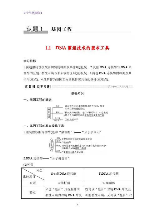 高中生物选修3精品学案：1.1  DNA重组技术的基本工具