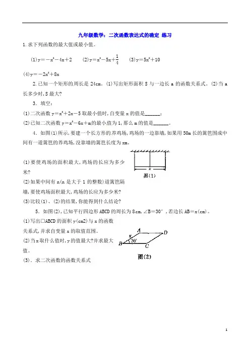 九年级数学：二次函数表达式的确定 练习(含解析)