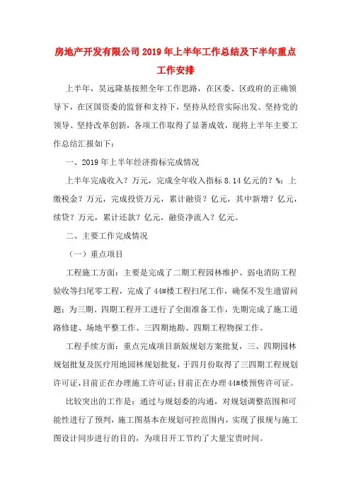 房地产开发有限公司2019年上半年工作总结及下半年重点工作安排