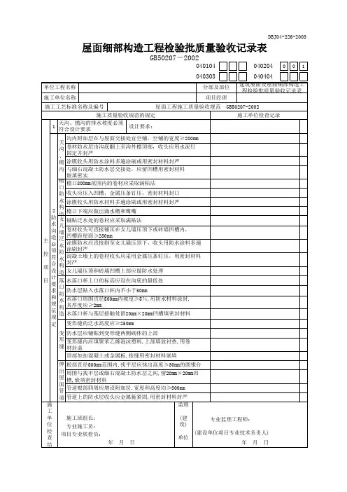 屋面细部构造工程检验批质量验收记录表
