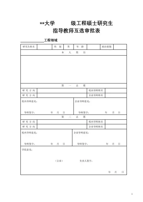 XX大学级工程硕士研究生指导教师互选审批表【模板】