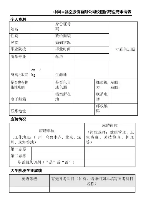 航空股份有限公司校园招聘应聘申请表