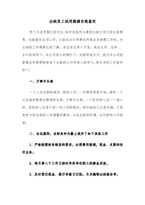 出纳员工试用期满自我鉴定(六篇)