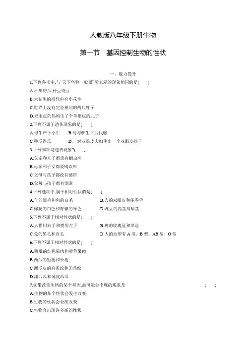 人教版八年级下册生物第七单元第二章第一节基因控制生物的性状及答案