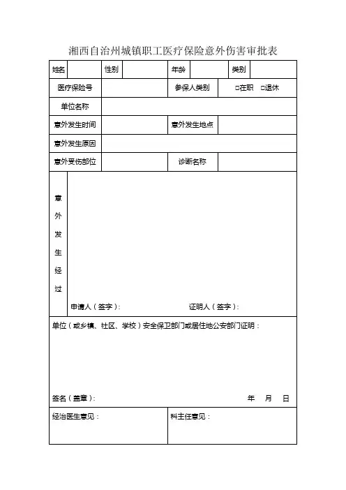 湘西自治州城镇职工医疗保险意外伤害审批表