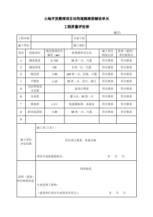 土地开发整理项目田间道路路面铺设单元工程质量评定表【范本模板】