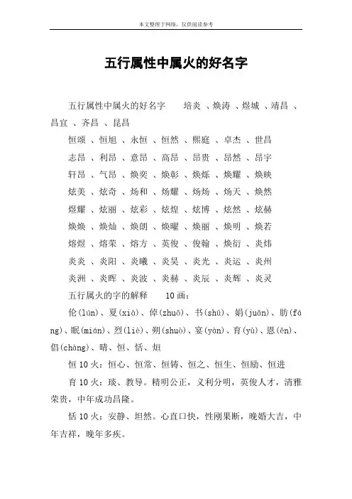 五行属性中属火的好名字