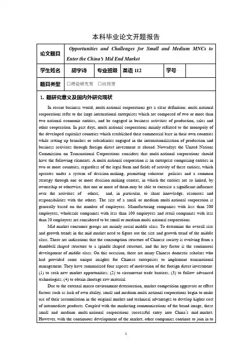 《中小型跨国企业在中国中端市场的发展机遇与挑战》开题报告模板