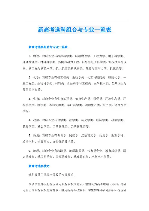 新高考选科组合与专业一览表