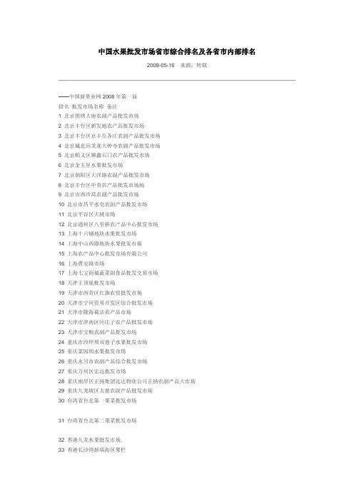中国水果批发市场省市综合排名及各省市内部排名