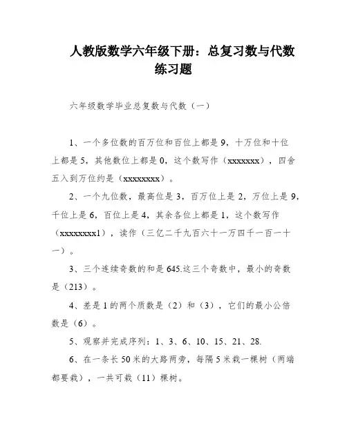 人教版数学六年级下册：总复习数与代数练习题