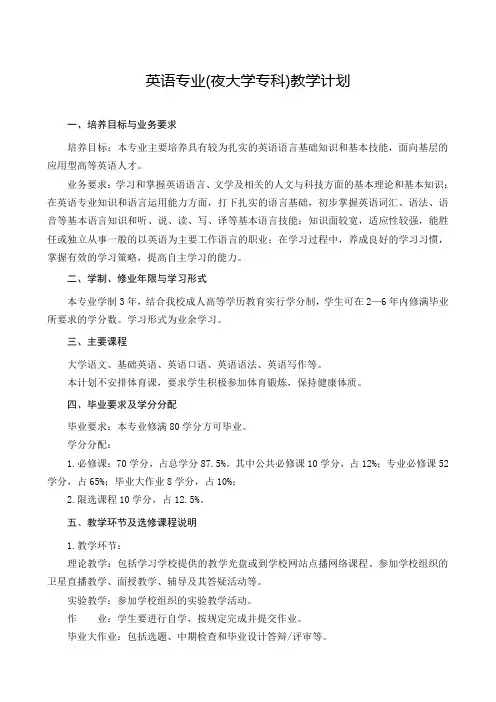 英语专业(夜大学专科)教学计划