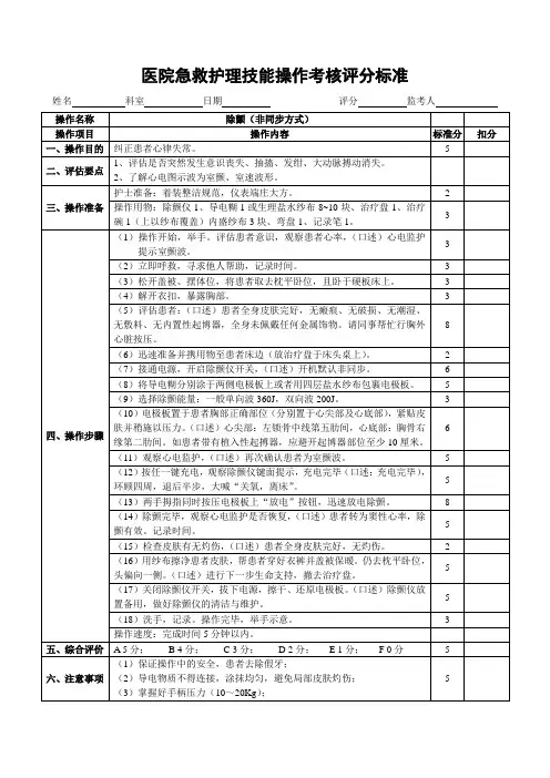 医院急救护理技能操作考核评分标准-除颤(非同步方式)